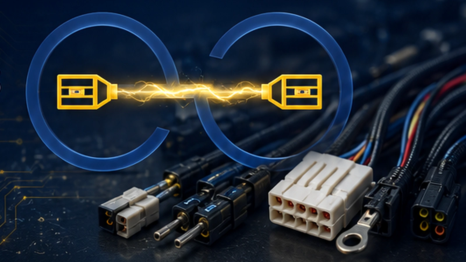 Ilustración de arneses eléctricos y conectores con efecto de energía